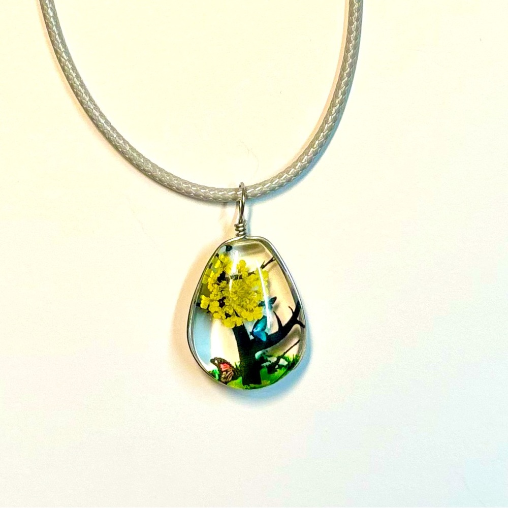 Handmade Lace Dried Flowers Oval Pendant Necklace #19